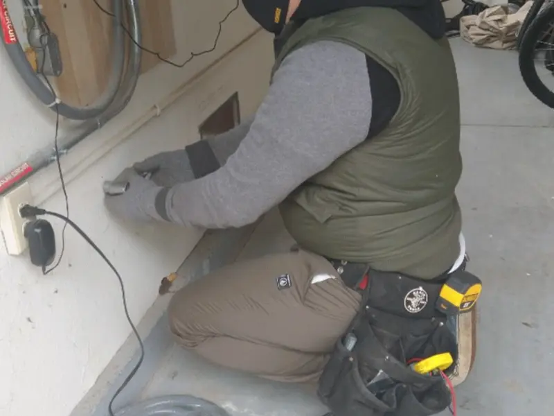 Electrician performing outlet wiring in a Hunters Creek Village garage
